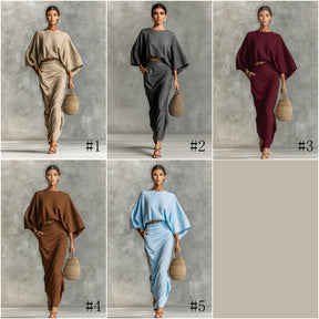 TJ7022  Autumn Crewneck Long Sleeve Top & High Waist Maxi Skirt Abaya Set