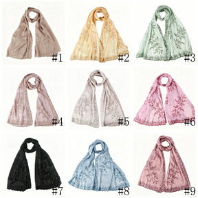 WJ115  Plain Embroidered Scallop Edge Sea Island Silk Hijab