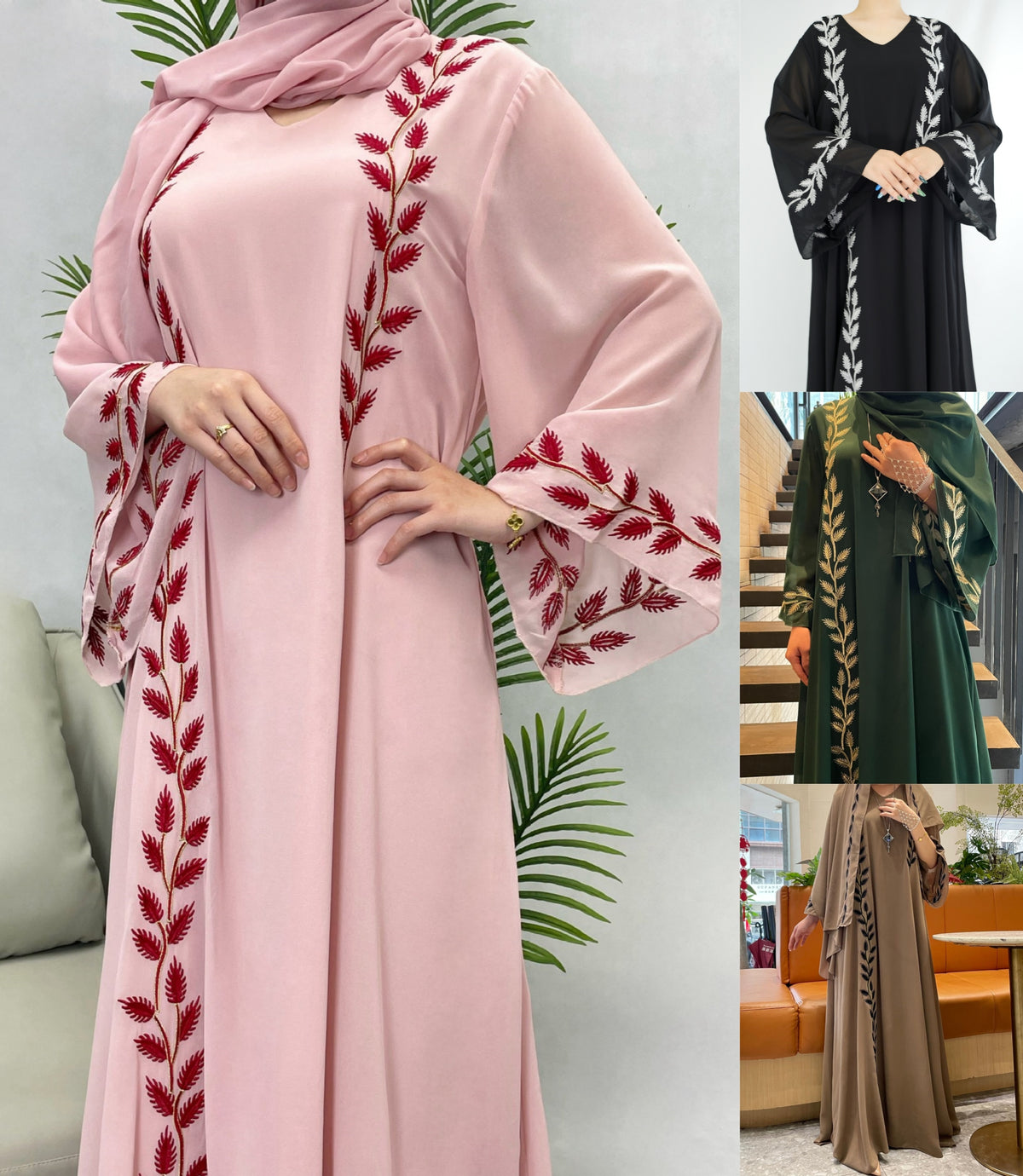 YM01  Chiffon Pink Round Neck Plant Embroidery Dress（abaya+hijab）