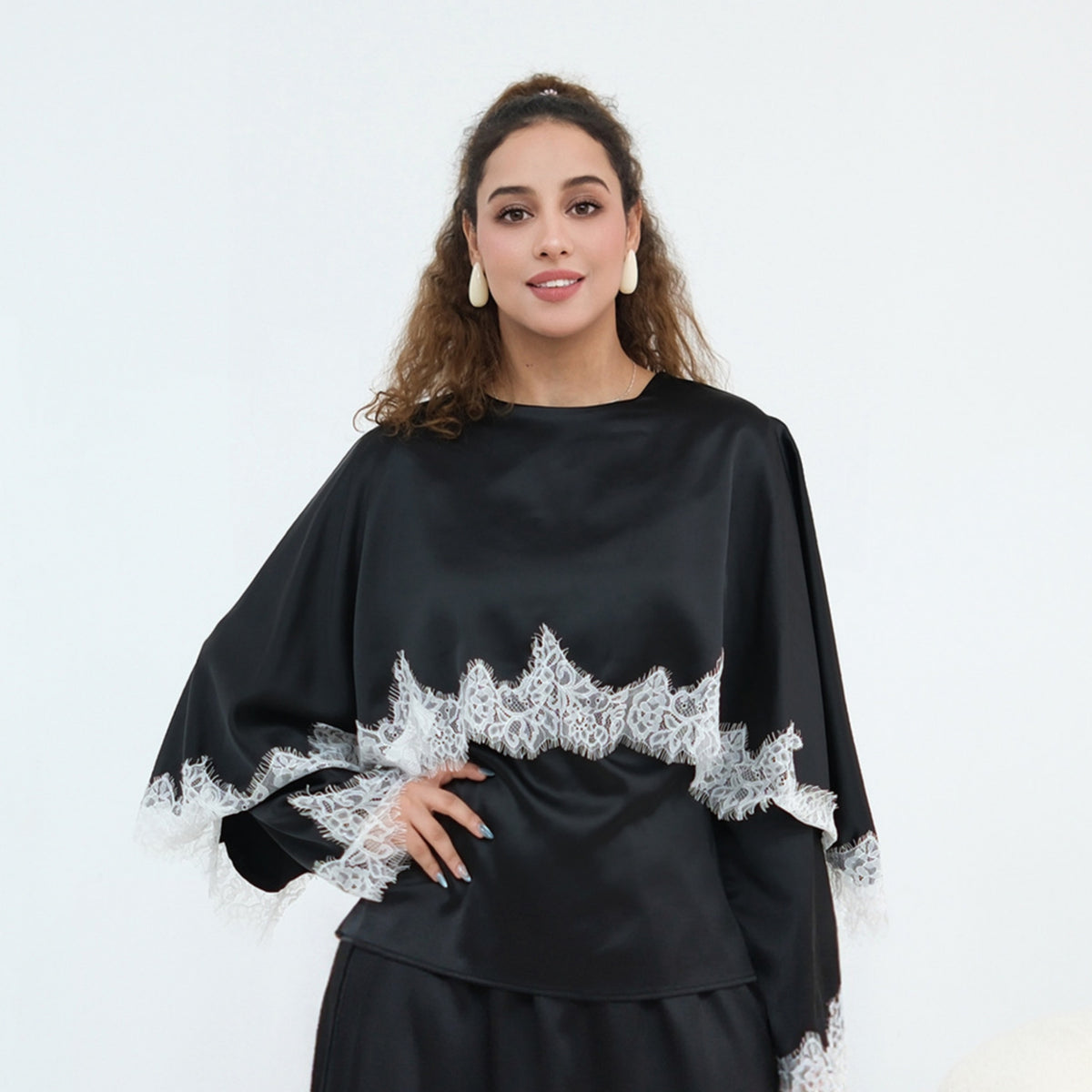 LR1178  Lace-Trim Polyester Top with Shawl & Skirt Set - Sold Separately