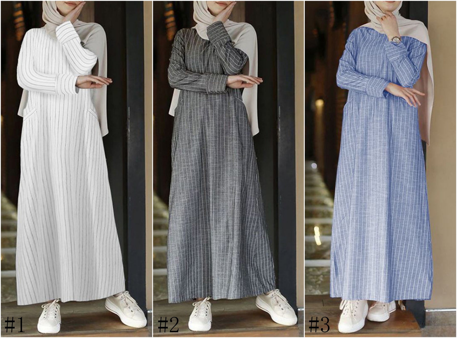 2020915  Women's Retro Stripe Cotton Linen A-Line Dress for Autumn