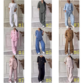 8605  Women's Comfortable Loose Top & Wide-Leg Pants Cotton Linen Set