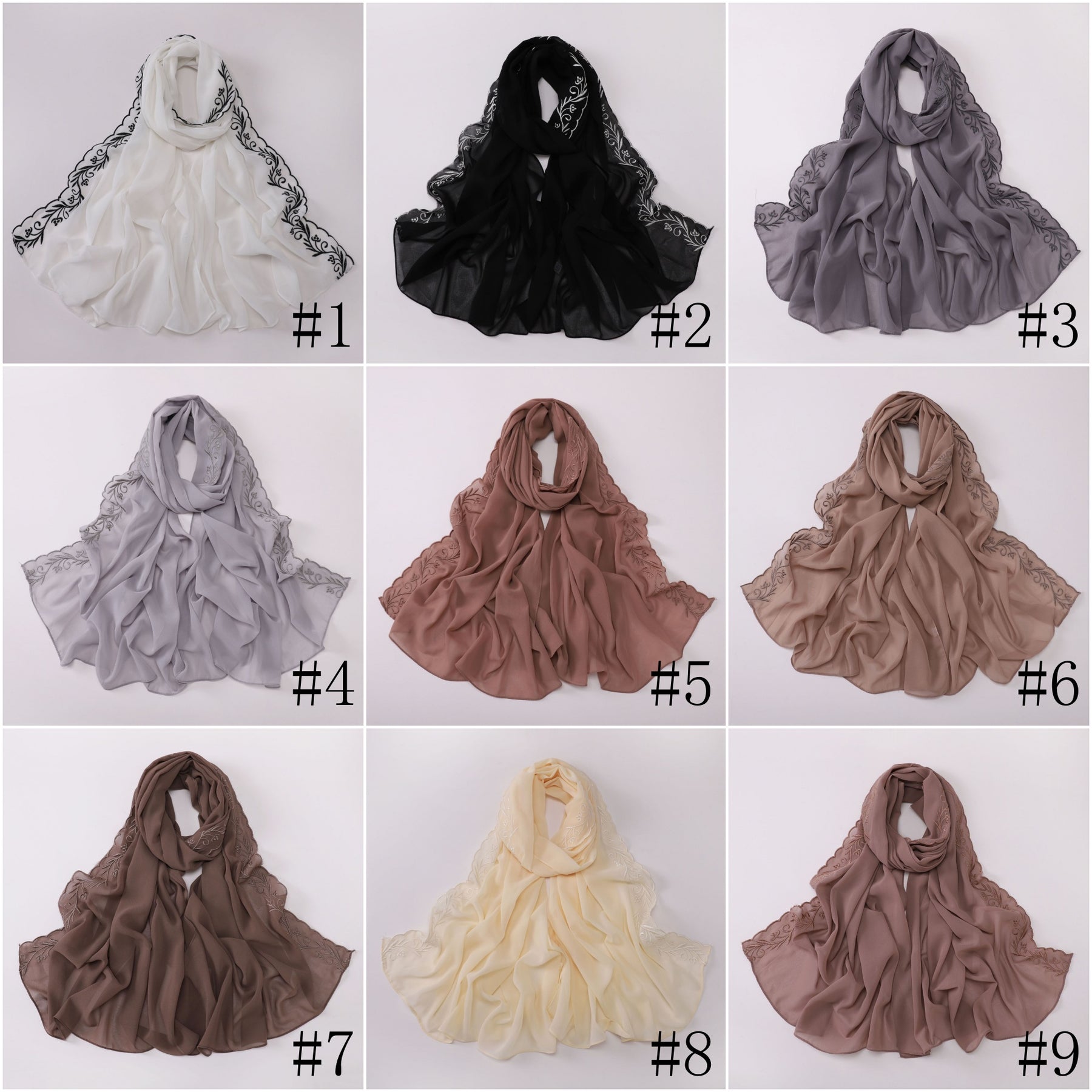 W-0512  Pearl Chiffon Long Hijab with One Side Embroidery