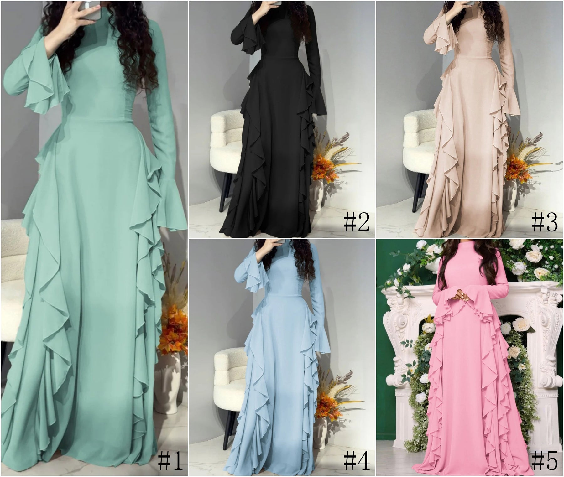 6256  Elegant Plain High-Waist Flare Sleeve Long Dress