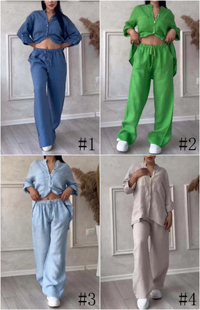 6670  Women's Plain Single-Breasted Long Sleeve Shirt & Tie Waist Pants Set