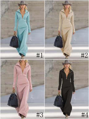 CL001  Women's Plain French Terry V-Neck Zipper Lapel Maxi Dress