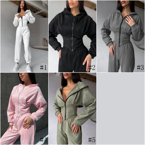 C56105  Autumn Winter Women Plain Drawstring Hooded Sweatsuit Abaya 2-Piece Set