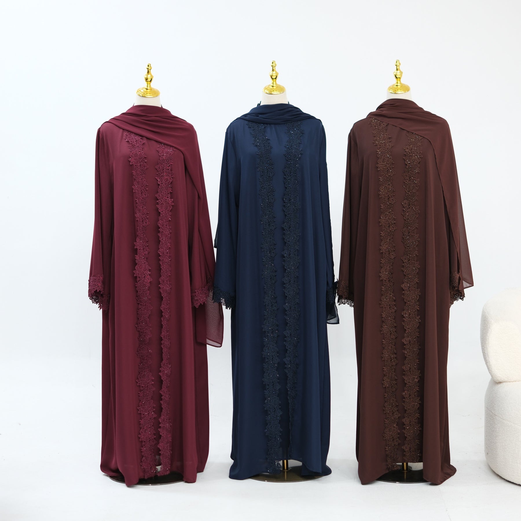 LR1191  Plain Nida Gold Foil Lace Open Abaya + Inner Layer + Hijab Set