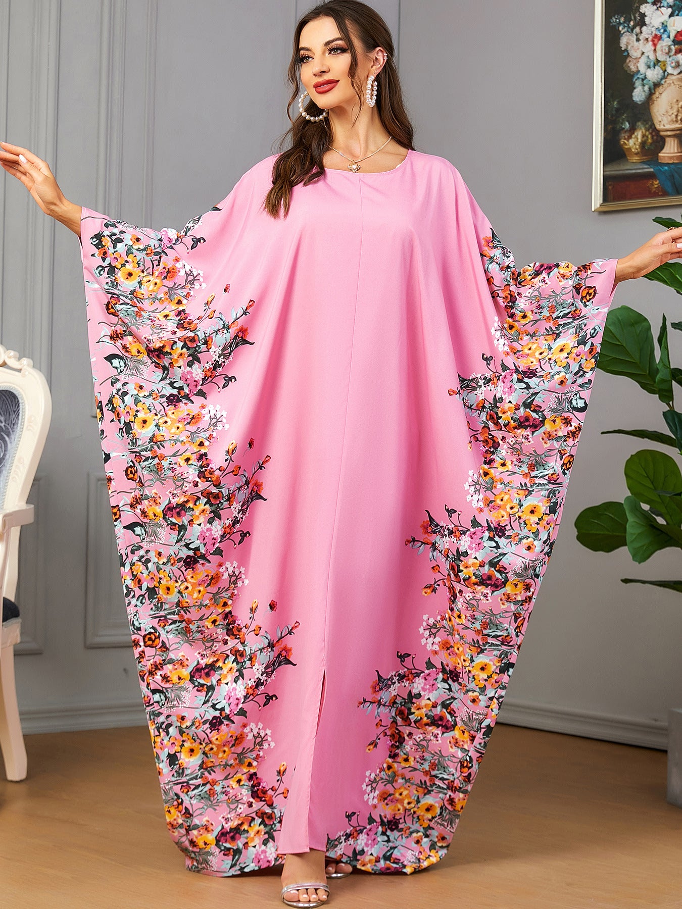 3422  Batwing sleeve printed dress