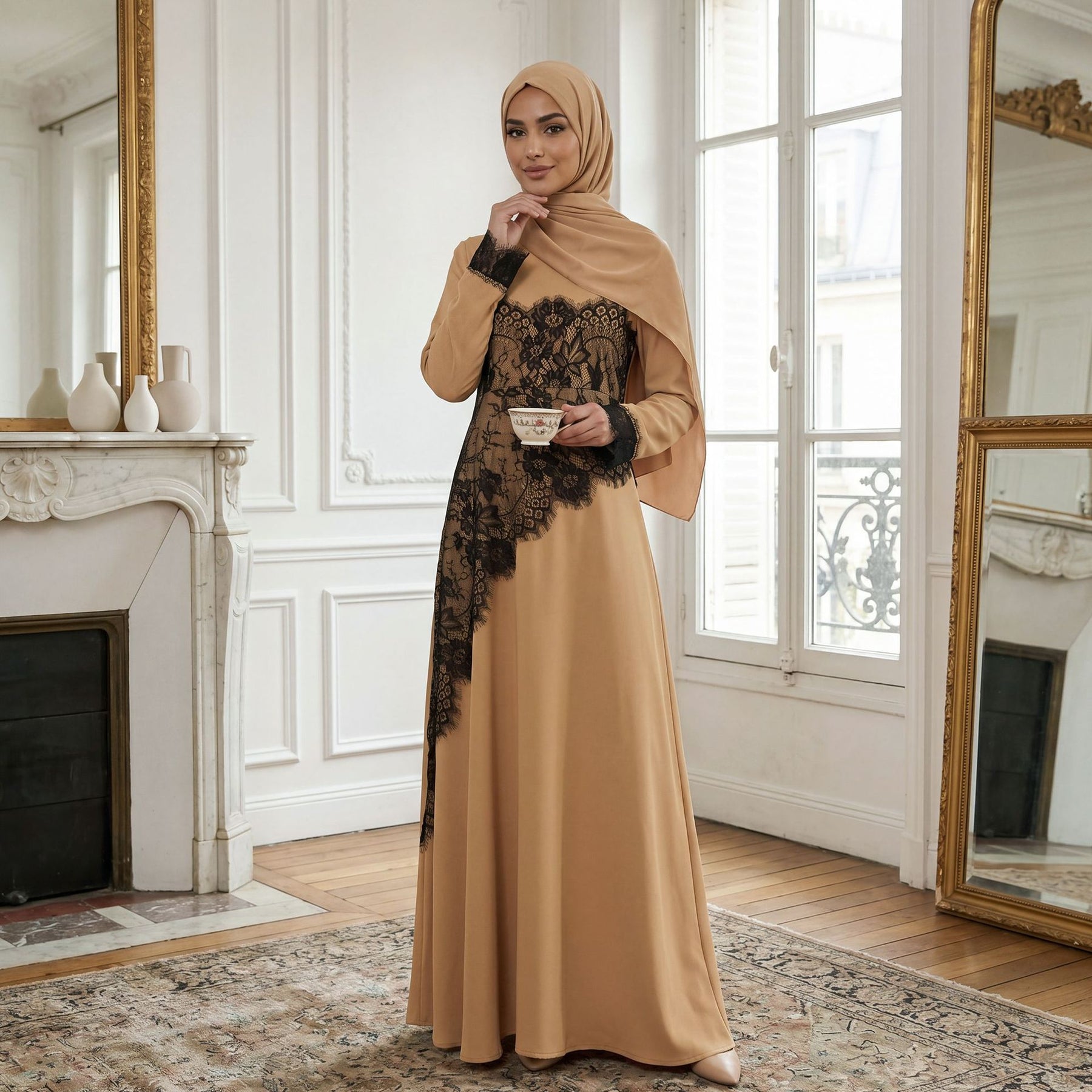 LR1174  Plus size lace panel long sleeve waist-cinching dress
