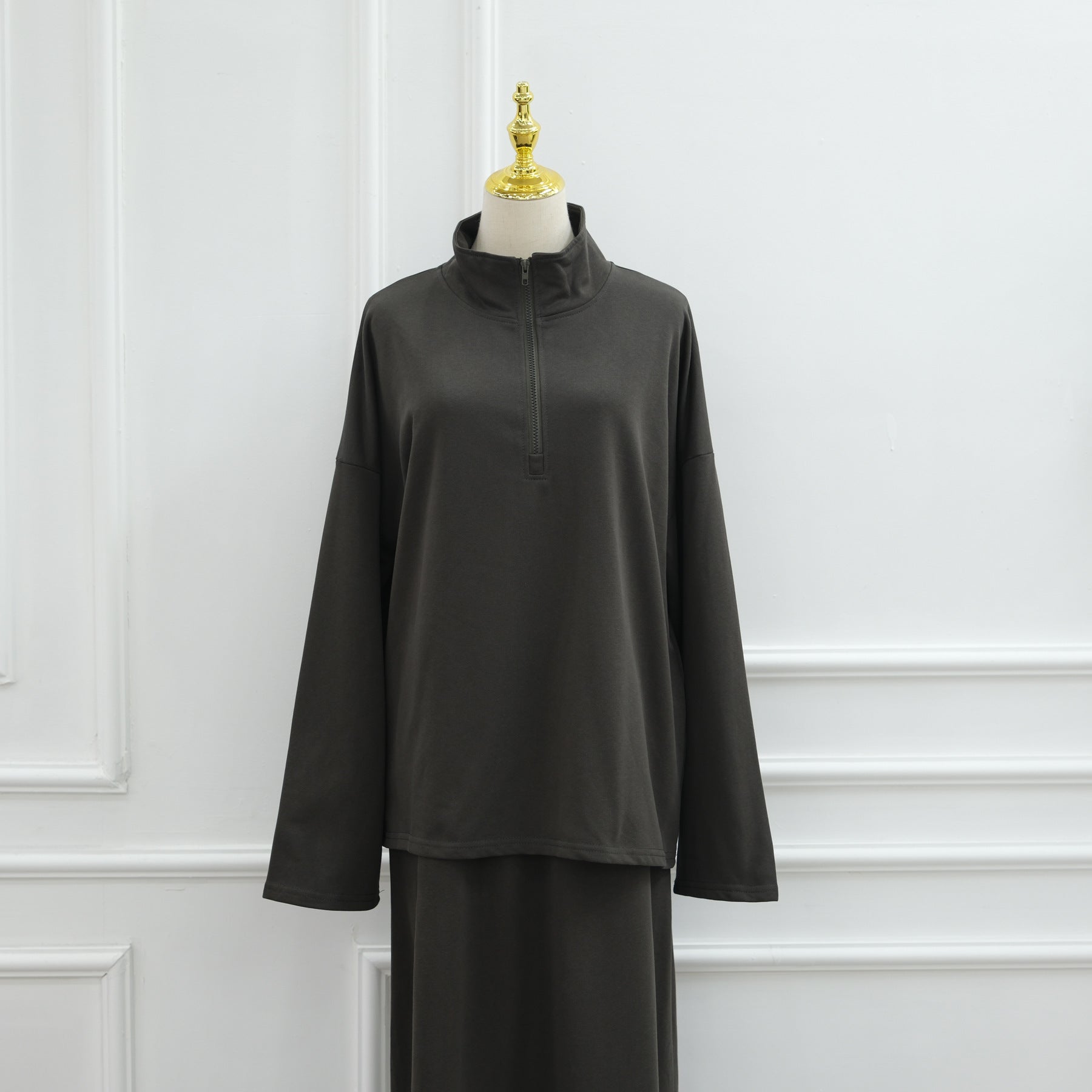 LR1127  Casual Loose Zipper Collar Top and Skirt 2-Piece Set
