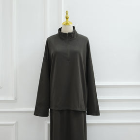 LR1127  Casual Loose Zipper Collar Top and Skirt 2-Piece Set