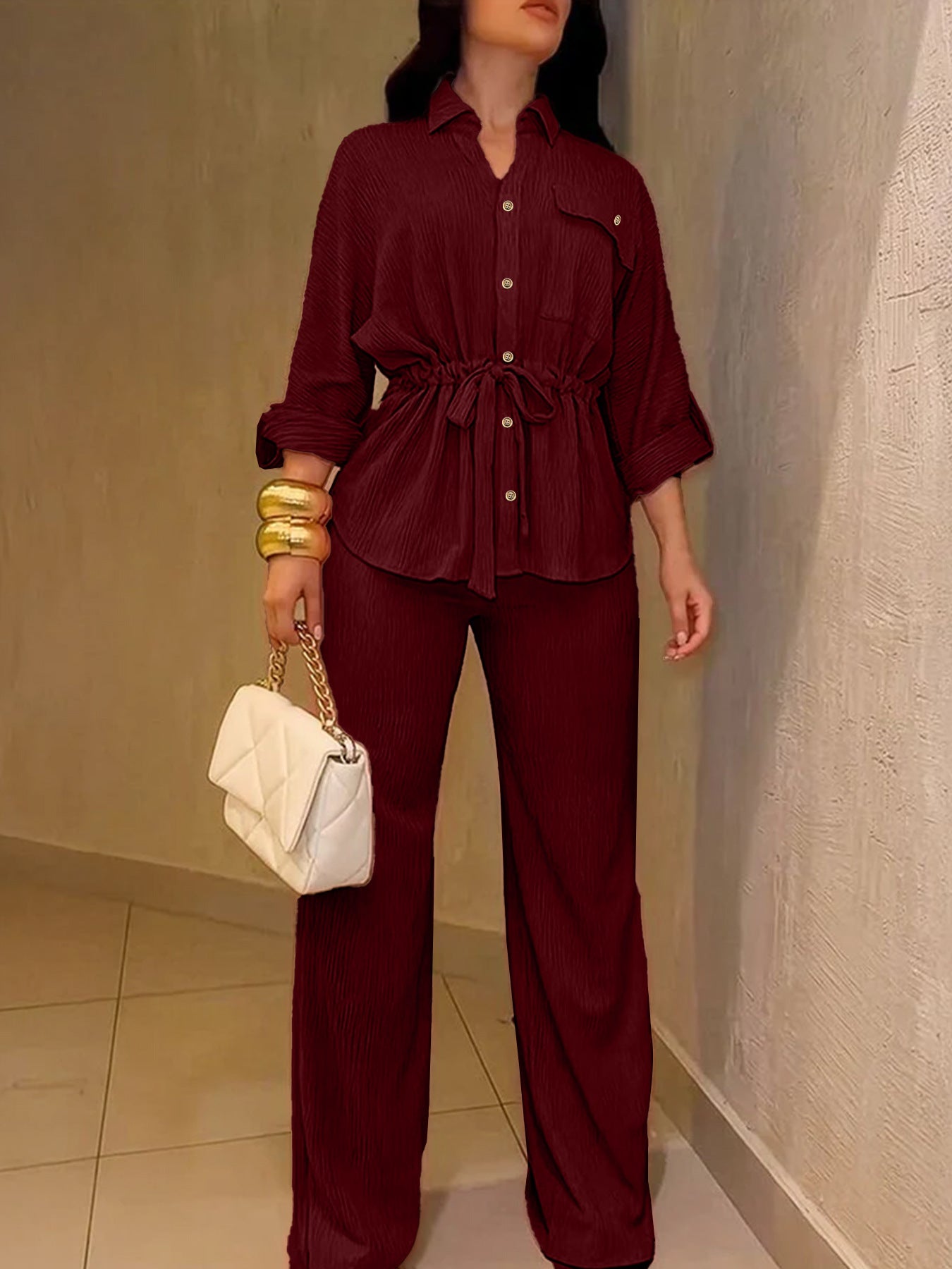 HC55359  Women's Lapel Button Shirt & Drawstring Wide-Leg Pants Set
