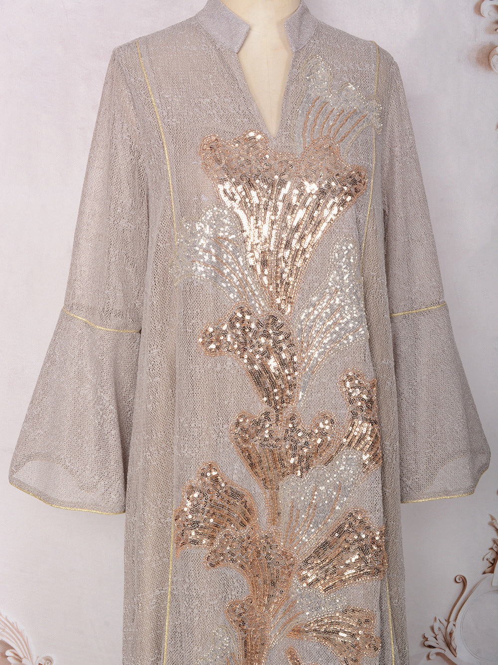 MT557  Stand Collar Sequin Beaded Embroidered Luxury Dress