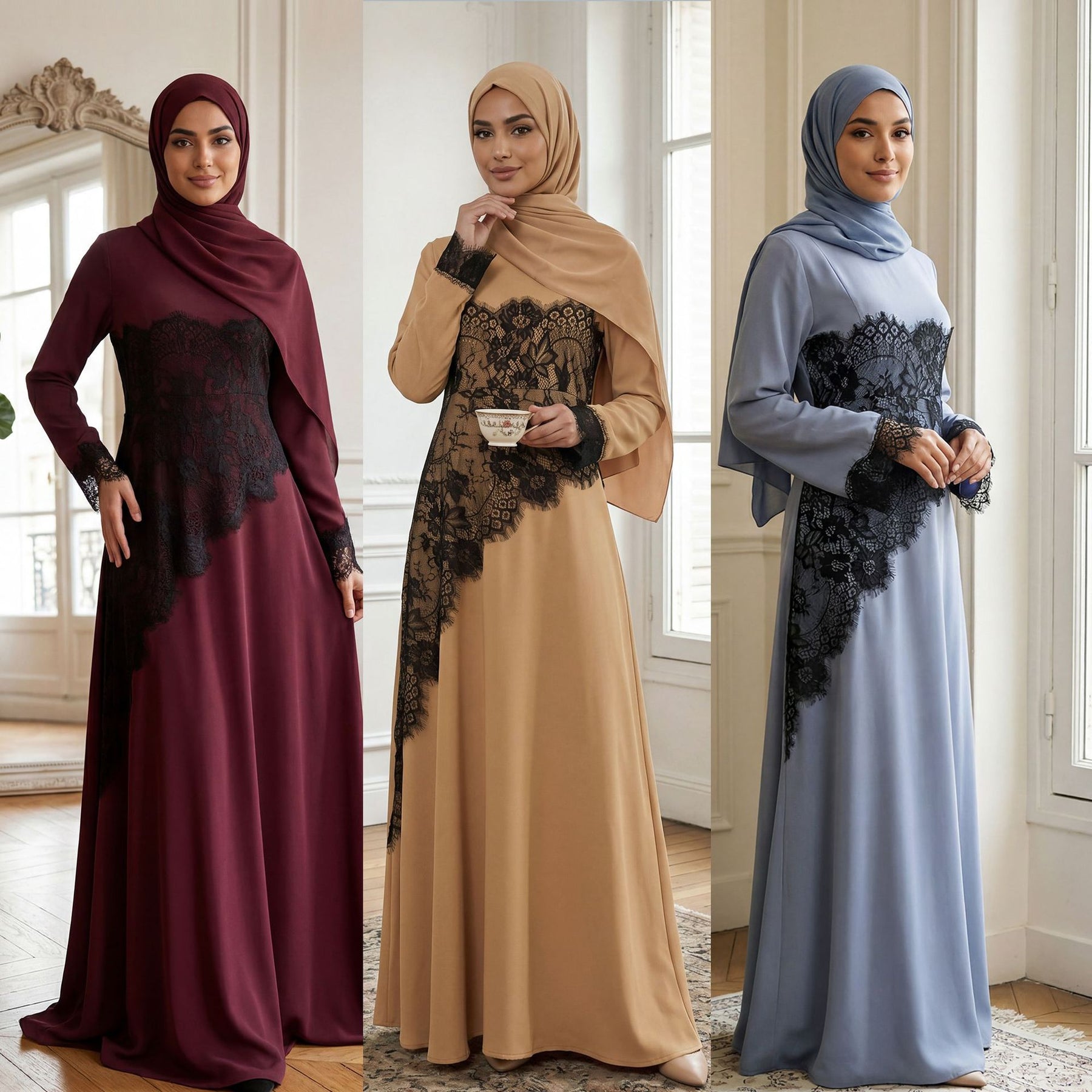 LR1174  Plus size lace panel long sleeve waist-cinching dress