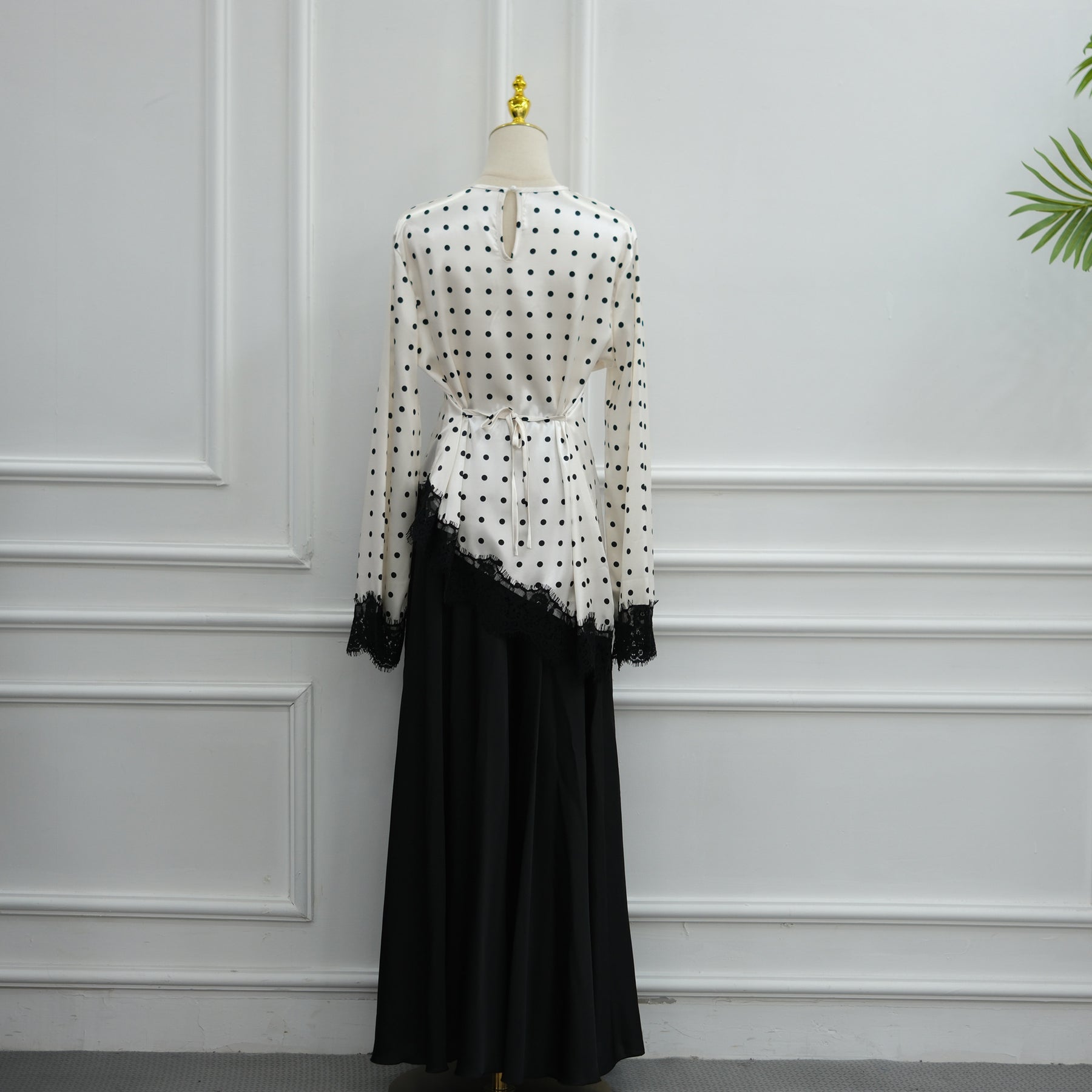 LR1357&LR1185  Lace Panel Polka Dot Polyester Top + Skirt Set