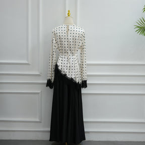 LR1357&LR1185  Lace Panel Polka Dot Polyester Top + Skirt Set
