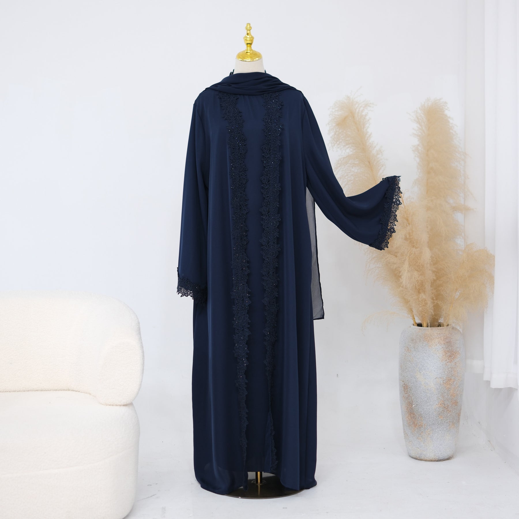 LR1191  Plain Nida Gold Foil Lace Open Abaya + Inner Layer + Hijab Set