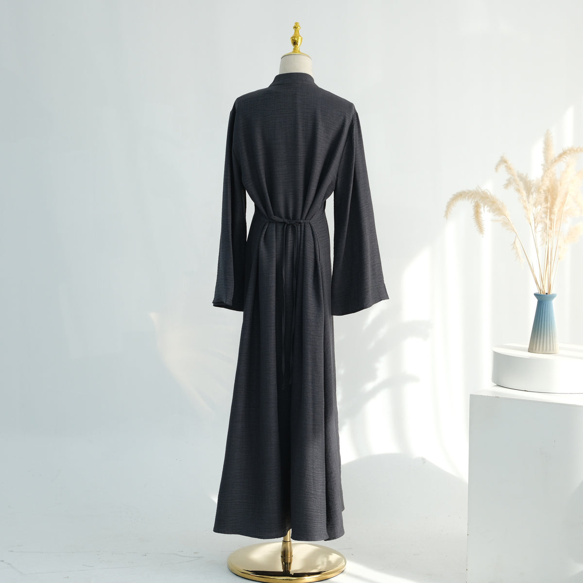 LR1124  Plain Solid Polyester Tie-Front Open Abaya Cardigan + Inner 2-Piece Set