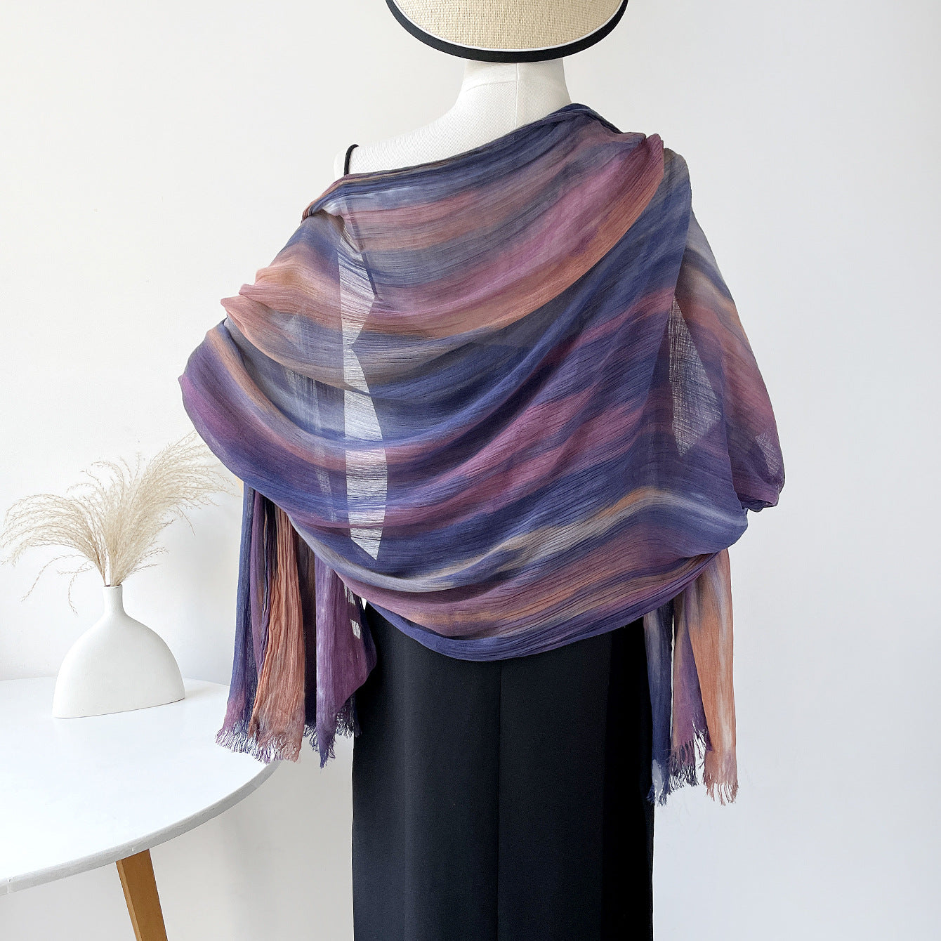 SS007  Gradient Rainbow Collection Short Tassel Crinkled Hijab