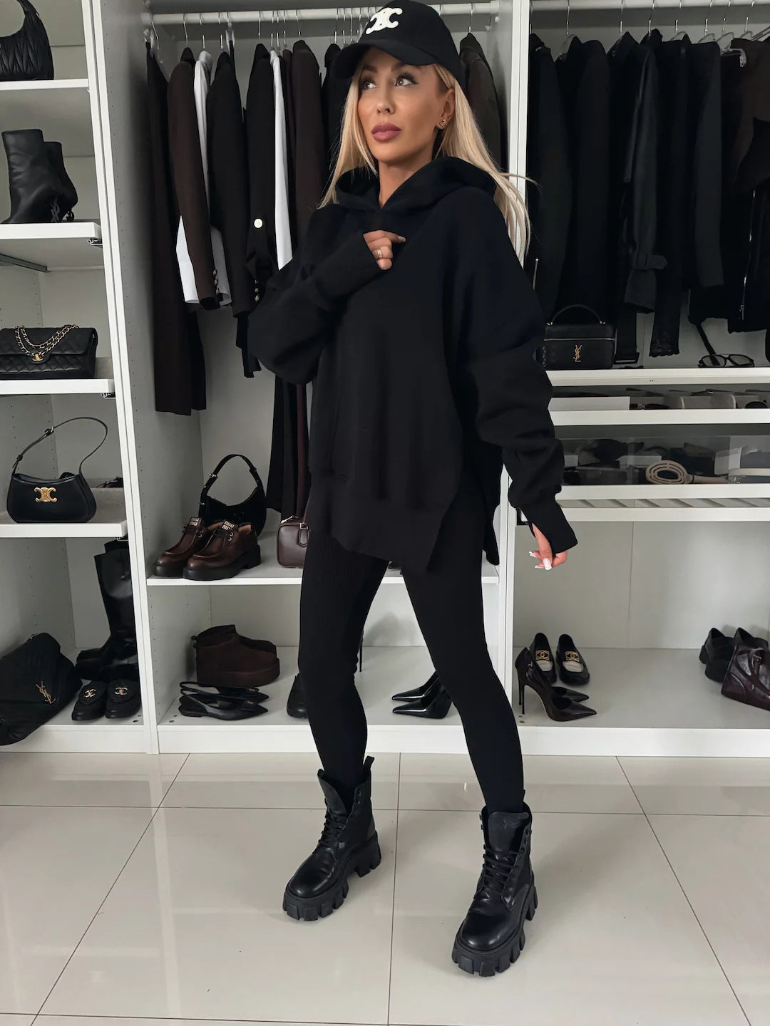 M80070  Women's Plain Printed Hooded Sweatsuit Autumn Winter Set