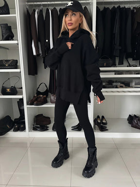 M80070  Women's Plain Printed Hooded Sweatsuit Autumn Winter Set