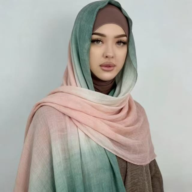 YC003  Striped Gradient Crinkled Short Tassel Printed Modal Hijab