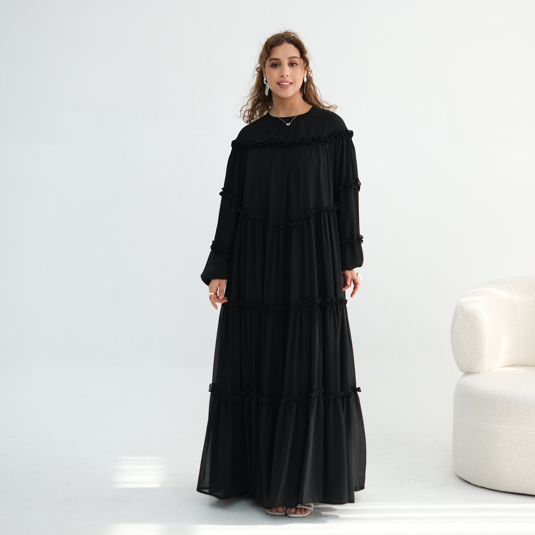 LR1161  Long Sleeve Tiered Ruffle Double Layer Dress