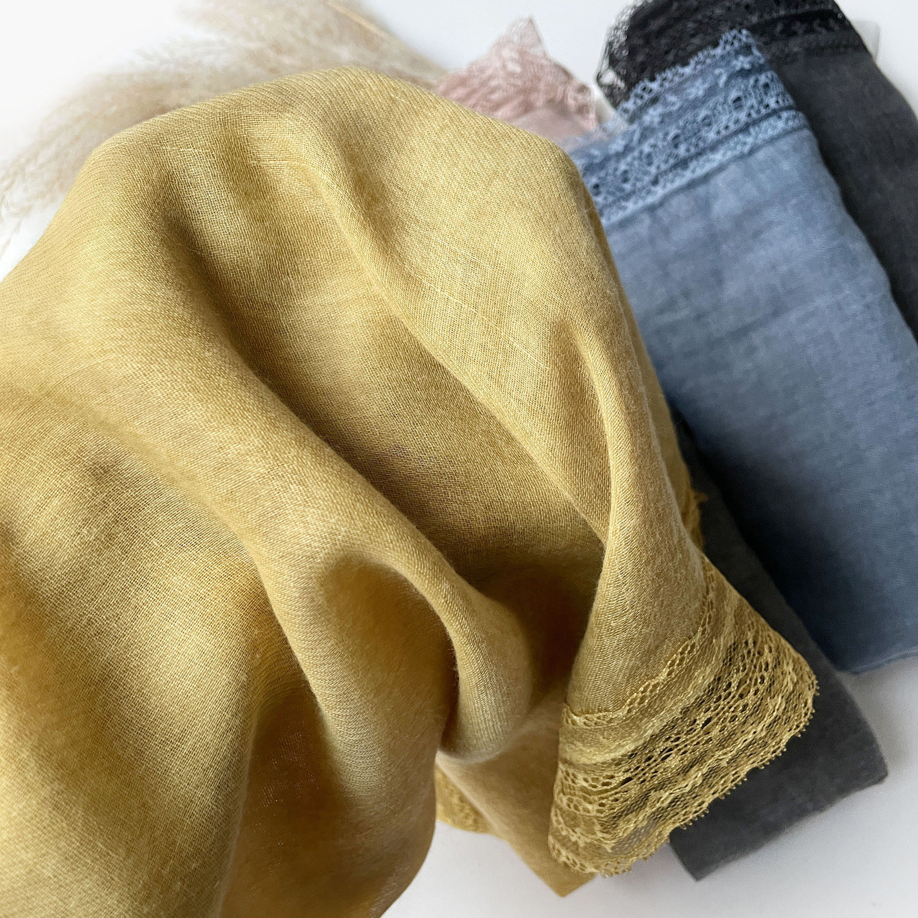 SS006  Plain Lightweight Lace Trim Polyester-Cotton Square Scarf