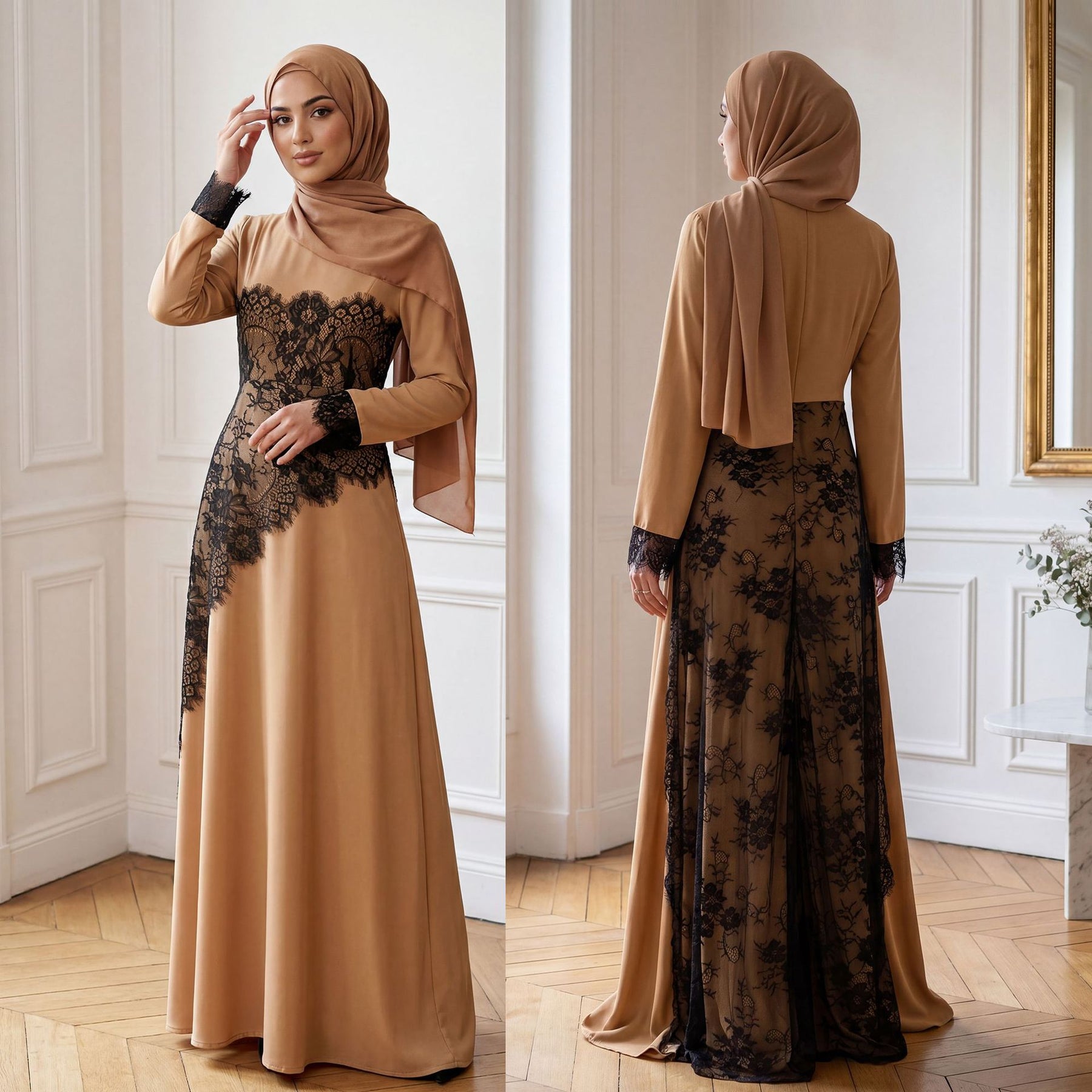 LR1174  Plus size lace panel long sleeve waist-cinching dress