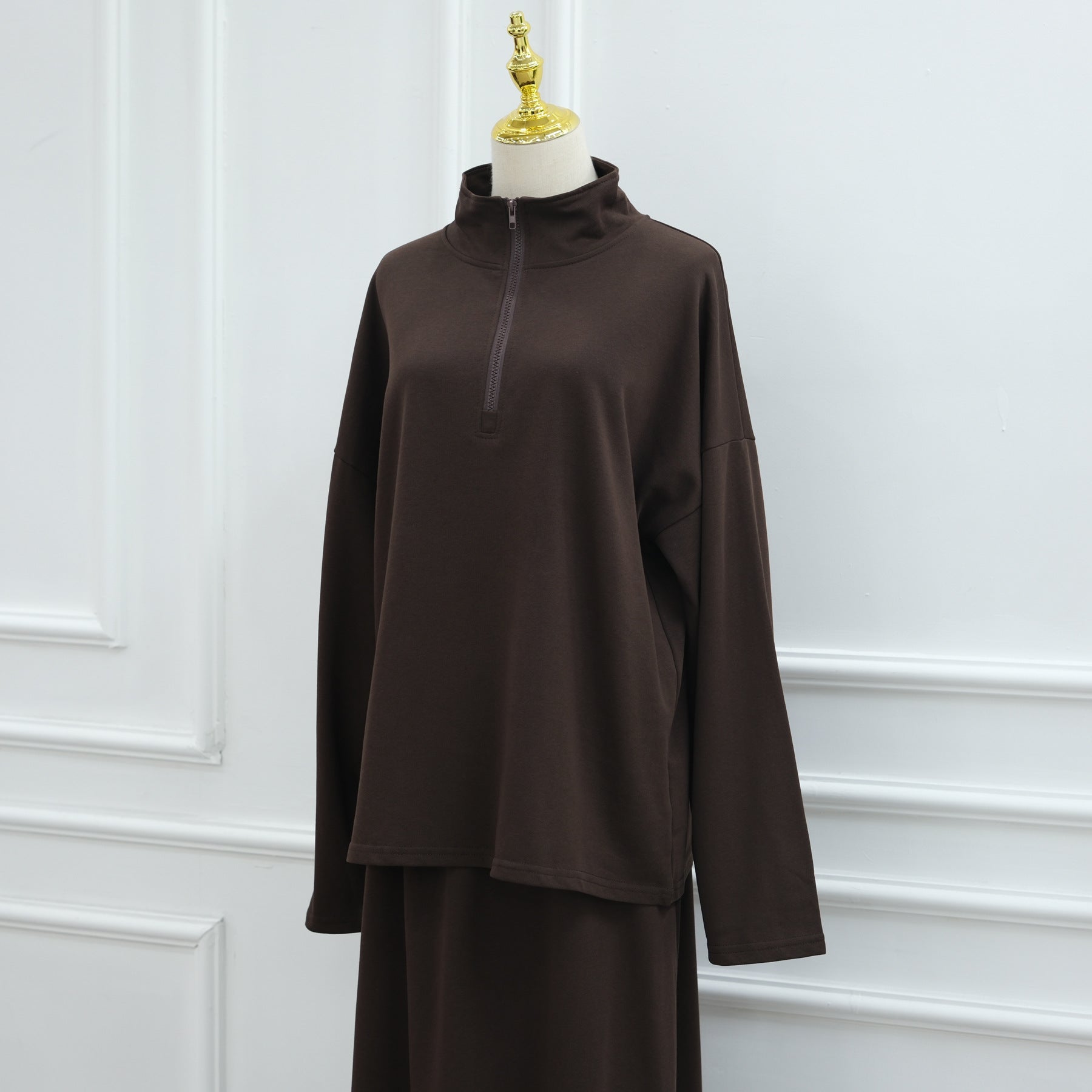 LR1127  Casual Loose Zipper Collar Top and Skirt 2-Piece Set