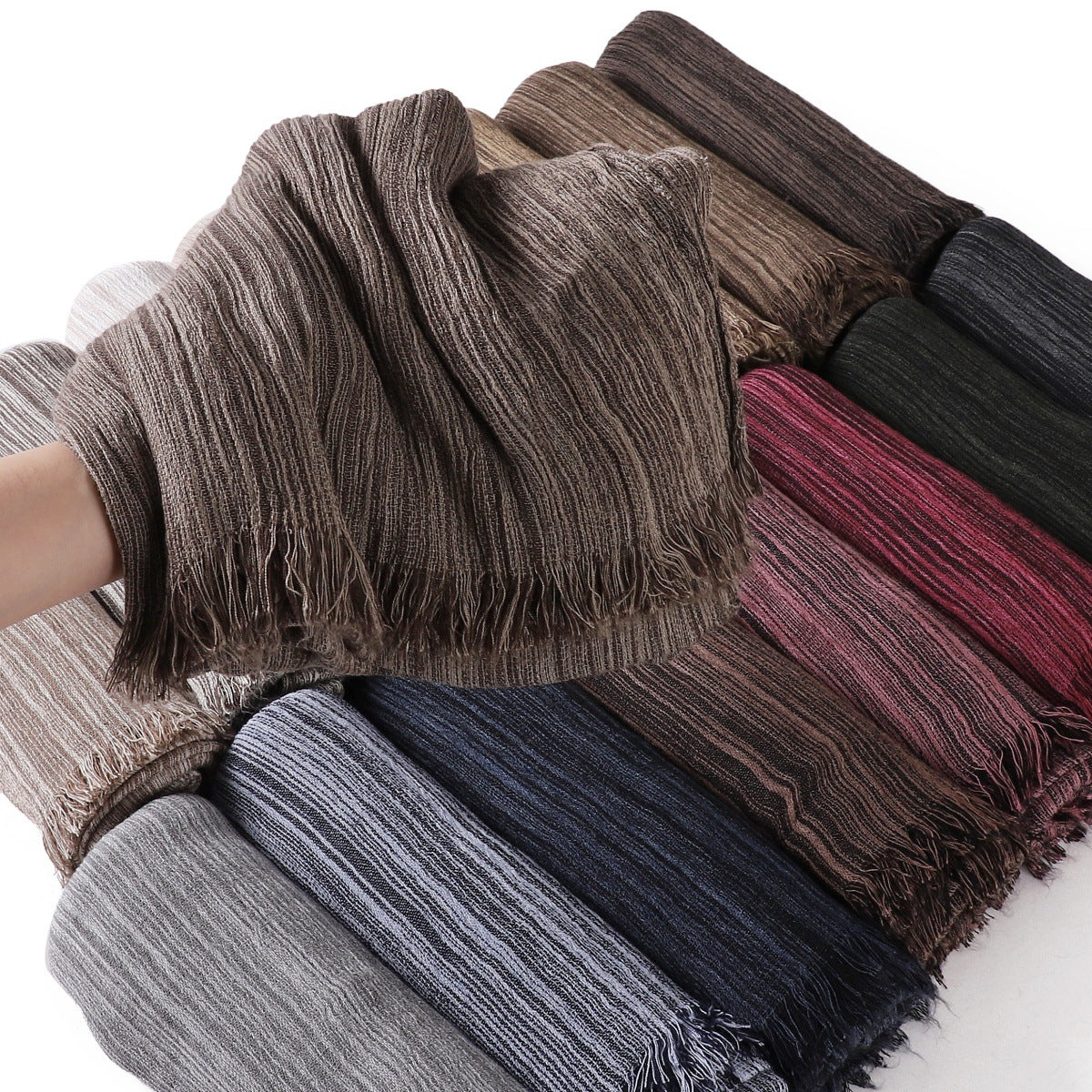 YZ319  Plain Vertical Stripe Modal Crinkle Fringe Hijab