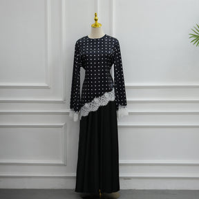 LR1357&LR1185  Lace Panel Polka Dot Polyester Top + Skirt Set