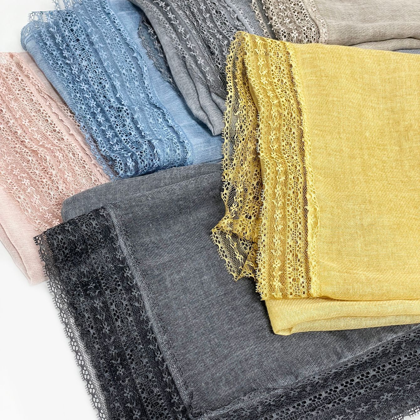 SS006  Plain Lightweight Lace Trim Polyester-Cotton Square Scarf