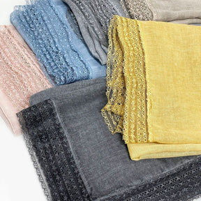 SS006  Plain Lightweight Lace Trim Polyester-Cotton Square Scarf