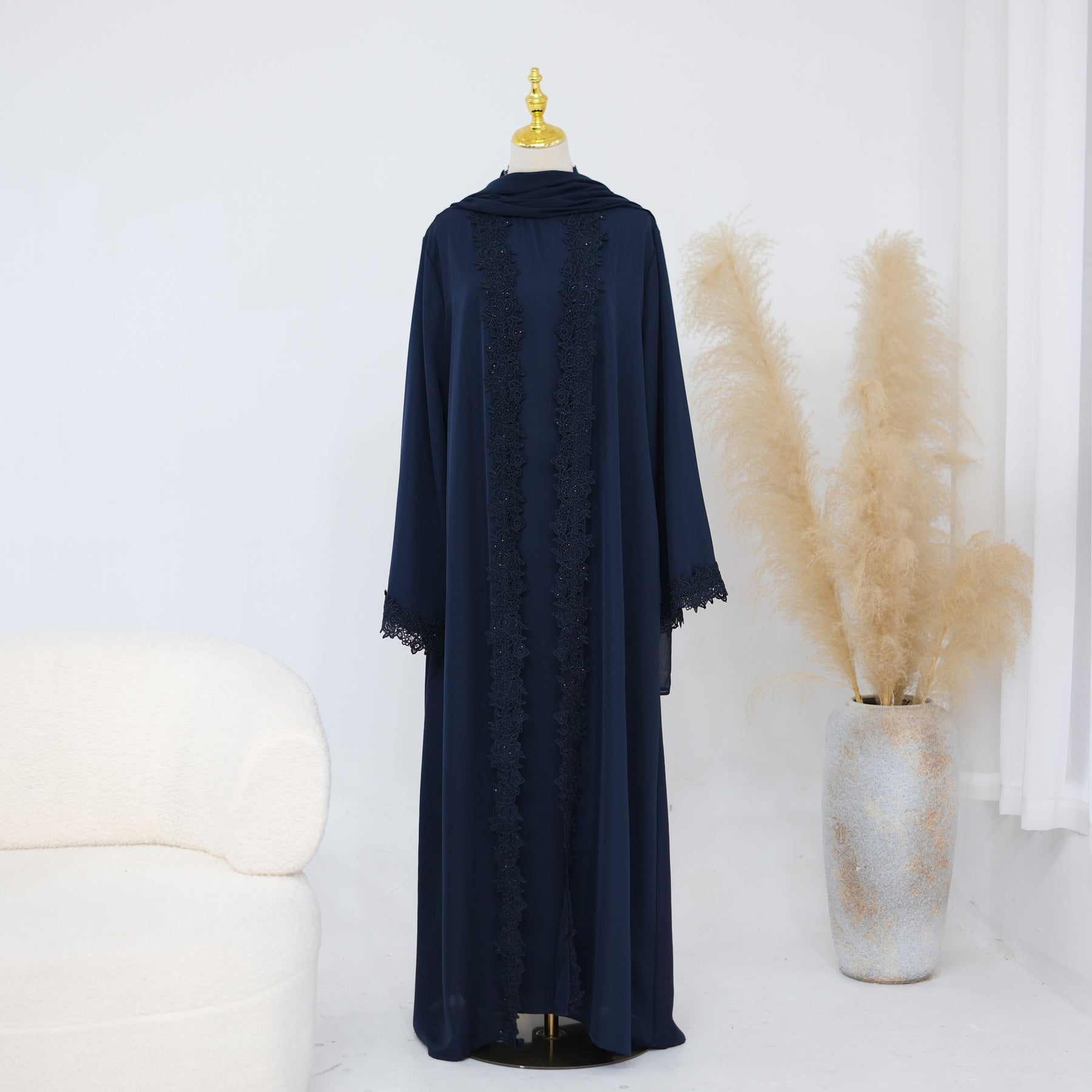LR1191  Plain Nida Gold Foil Lace Open Abaya + Inner Layer + Hijab Set