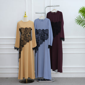 LR1174  Plus size lace panel long sleeve waist-cinching dress