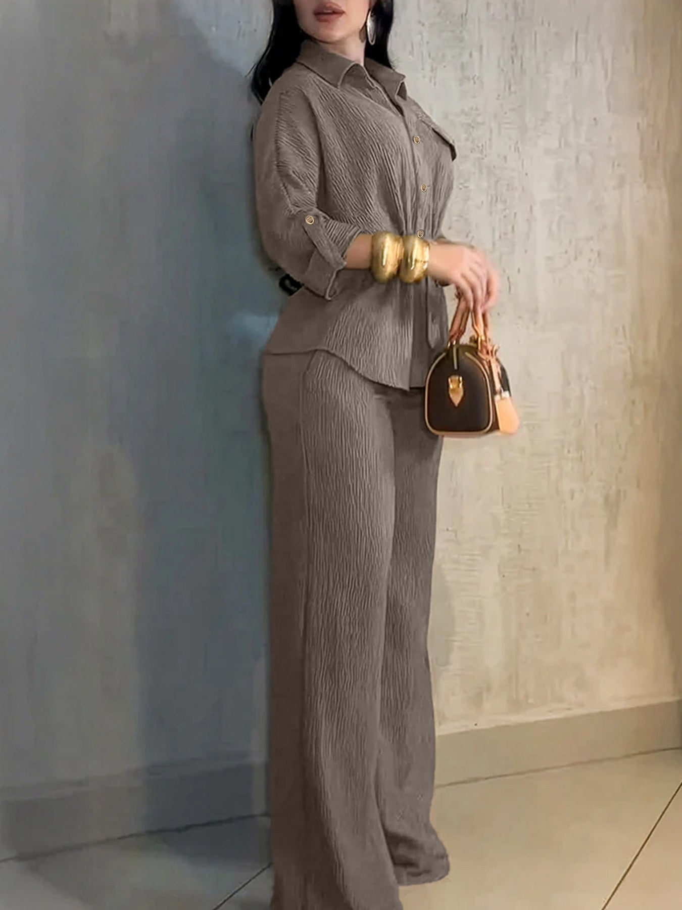 HC55359  Women's Lapel Button Shirt & Drawstring Wide-Leg Pants Set