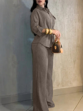 HC55359  Women's Lapel Button Shirt & Drawstring Wide-Leg Pants Set