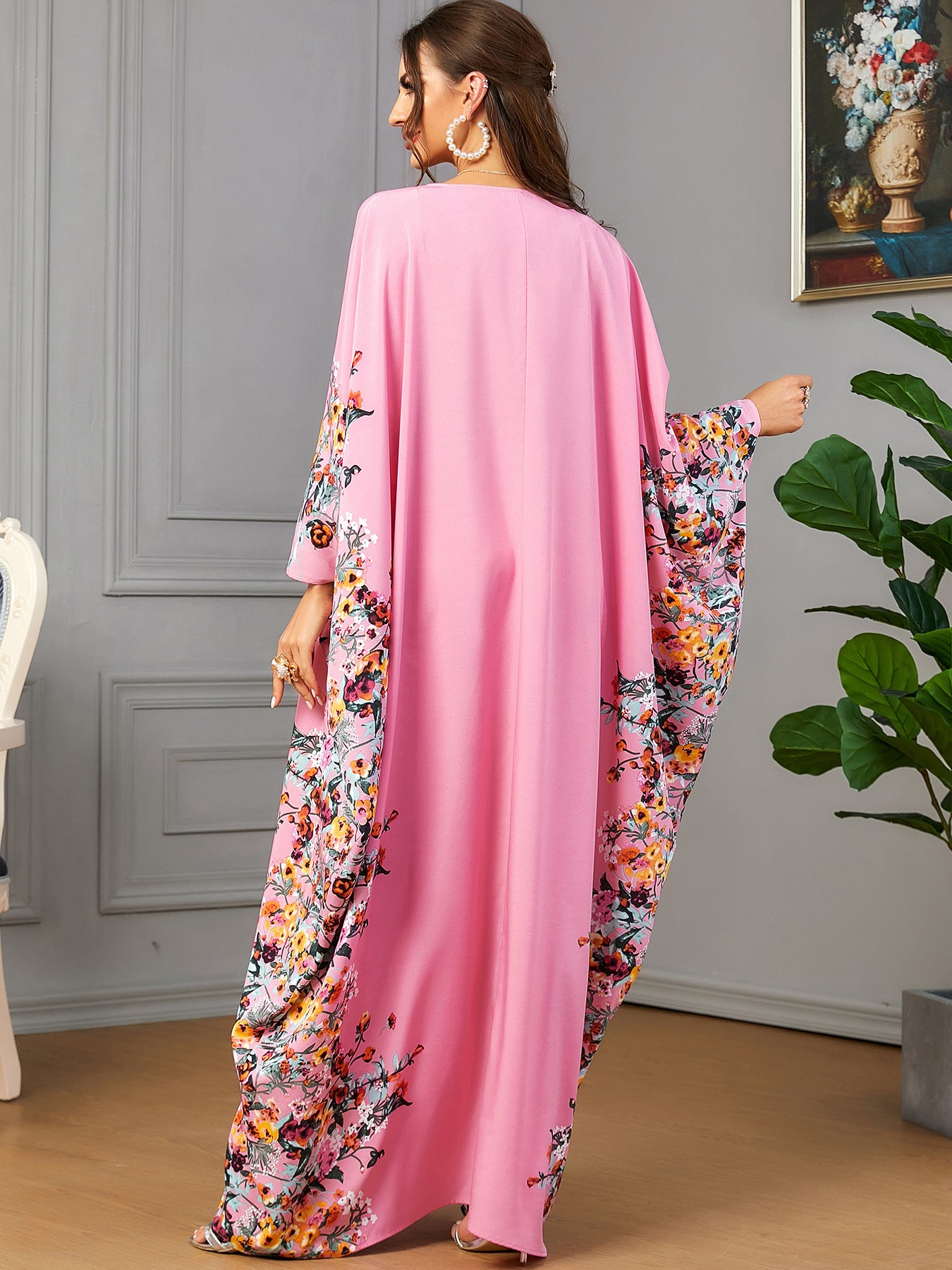 3422  Batwing sleeve printed dress