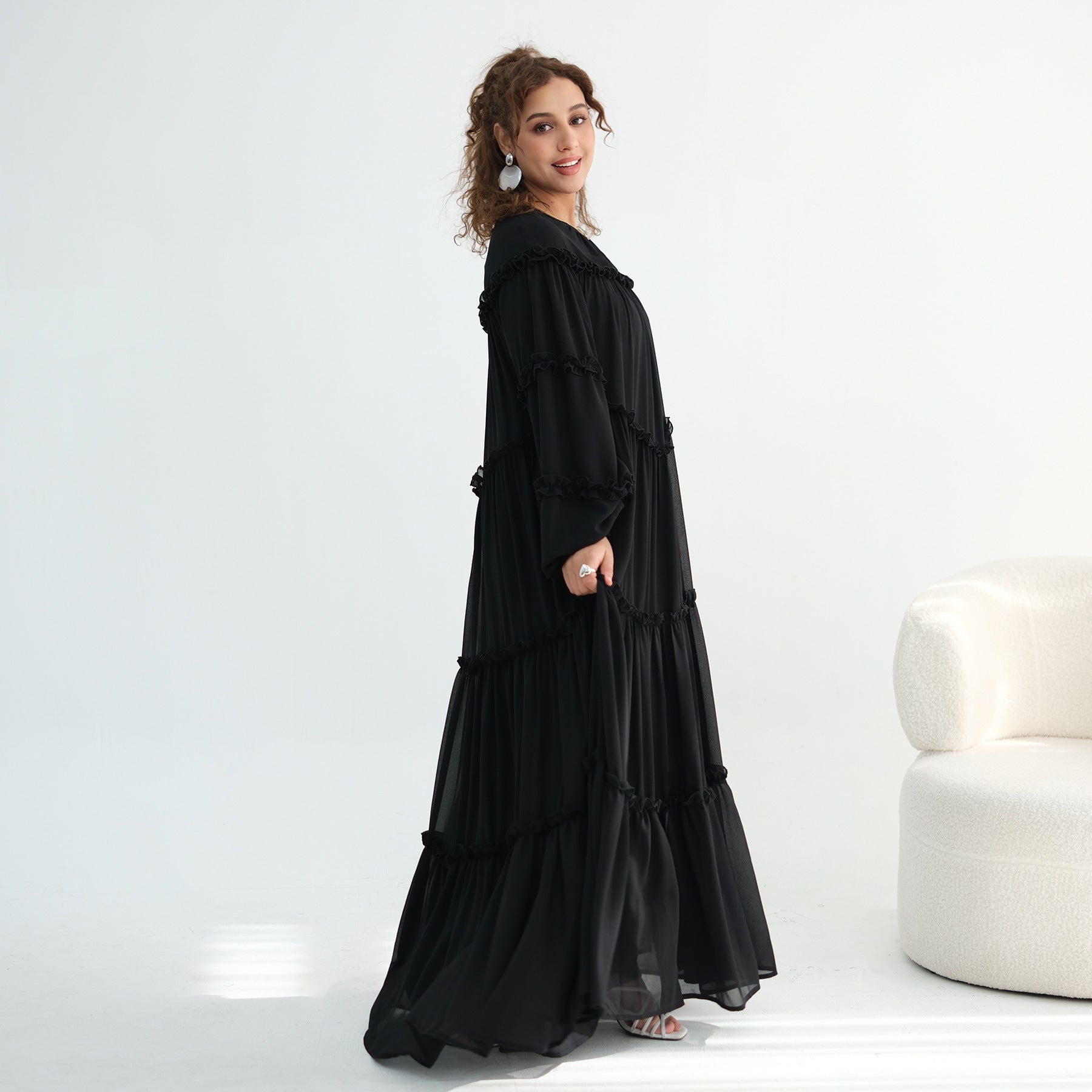 LR1161  Long Sleeve Tiered Ruffle Double Layer Dress
