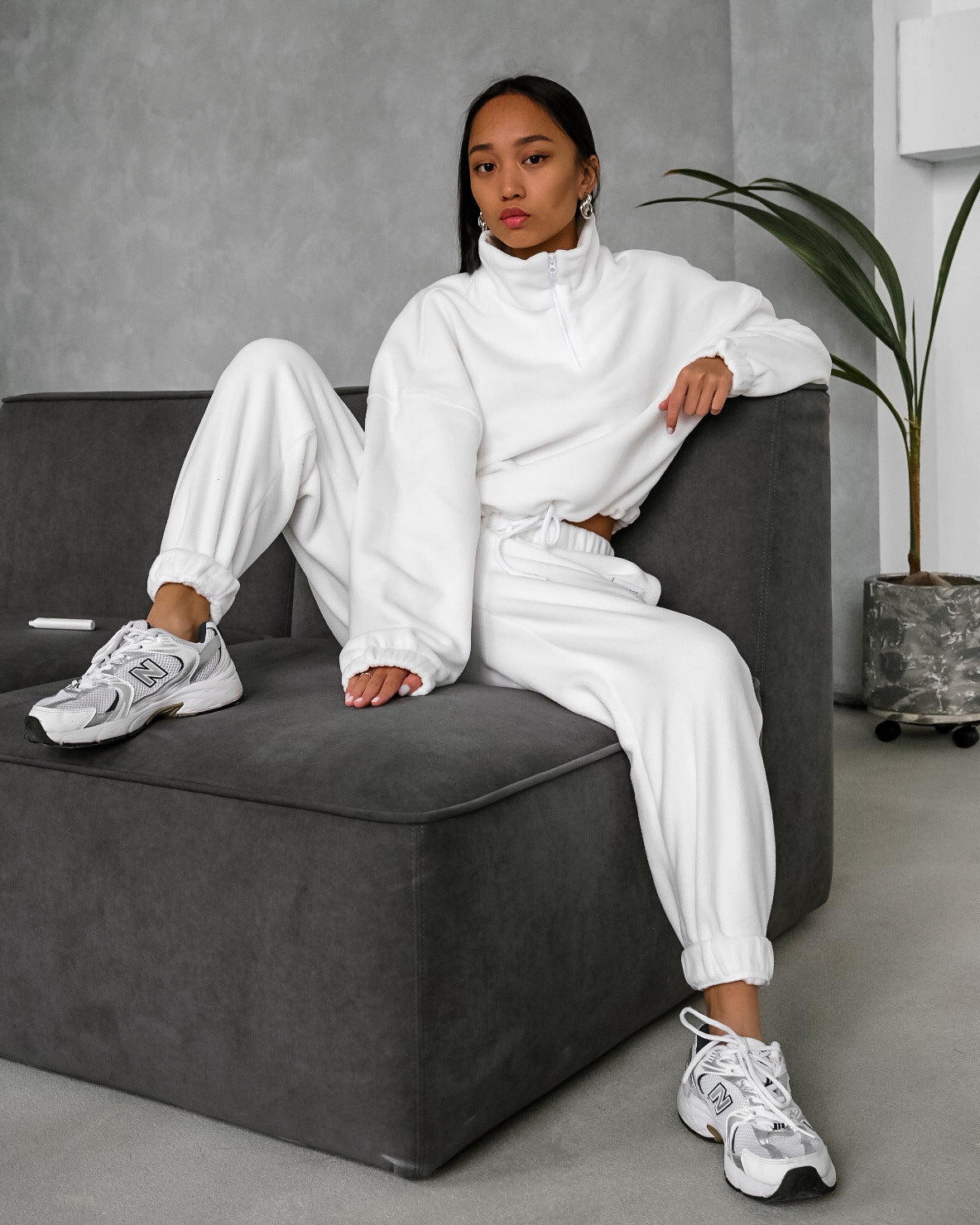 PP5972 Spring Autumn Plain Loose Zip Up Stand Collar Sweatsuit 2-Piece Set Abaya