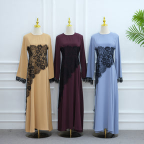 LR1174  Plus size lace panel long sleeve waist-cinching dress