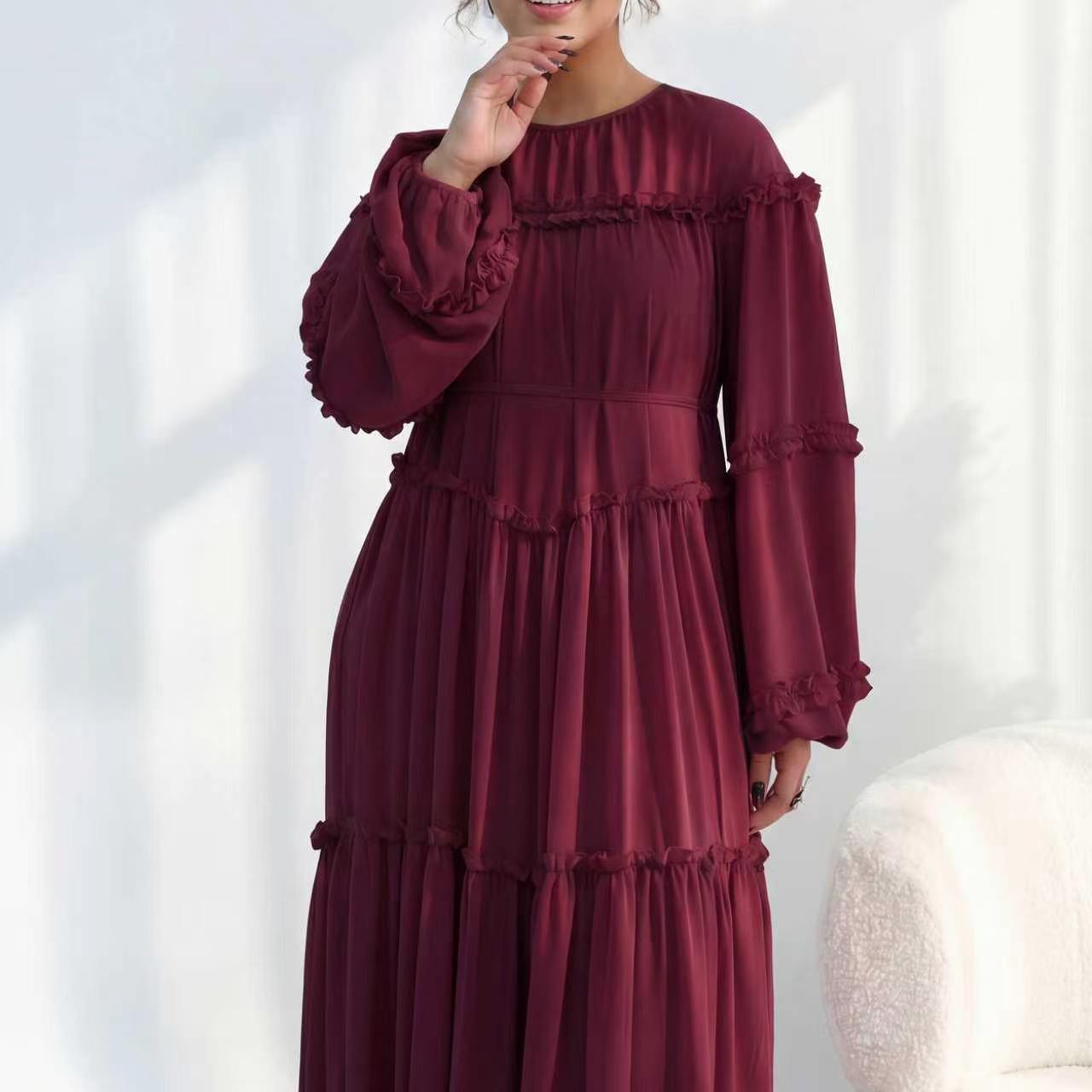 LR1161  Long Sleeve Tiered Ruffle Double Layer Dress