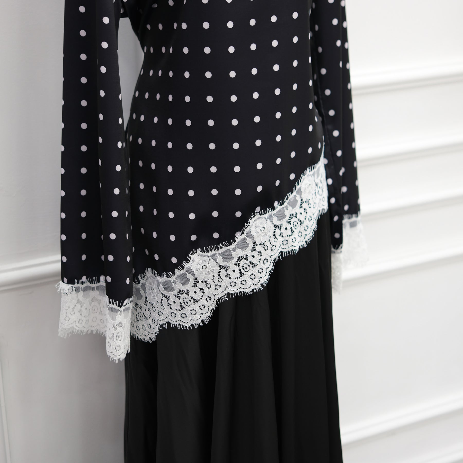 LR1357&LR1185  Lace Panel Polka Dot Polyester Top + Skirt Set