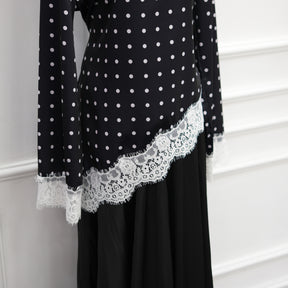LR1357&LR1185  Lace Panel Polka Dot Polyester Top + Skirt Set