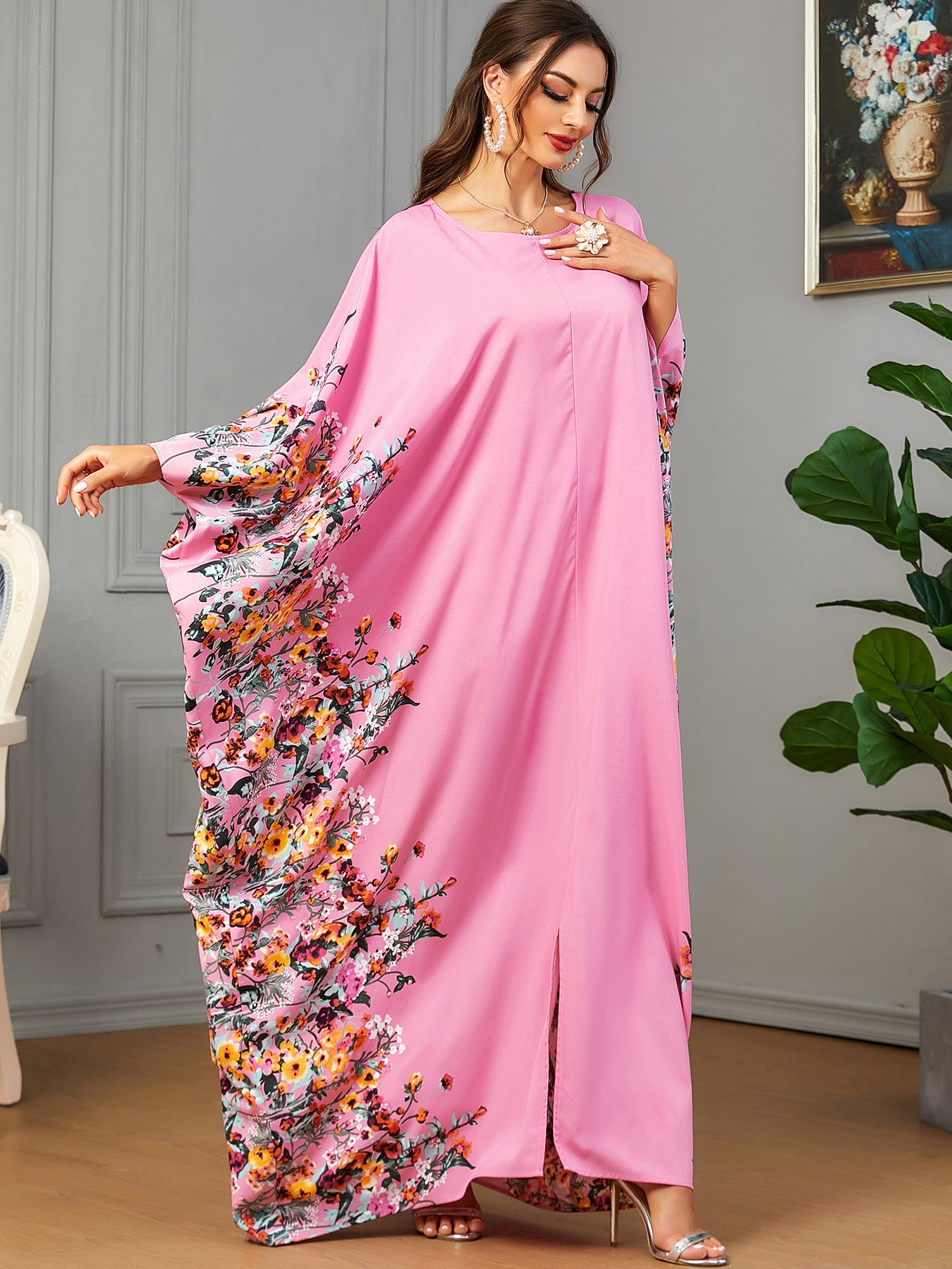 3422  Batwing sleeve printed dress
