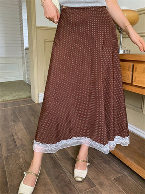 DM3351  Elastic-Waist Diamond Pattern Polyester Lace-Trim Maxi Skirt