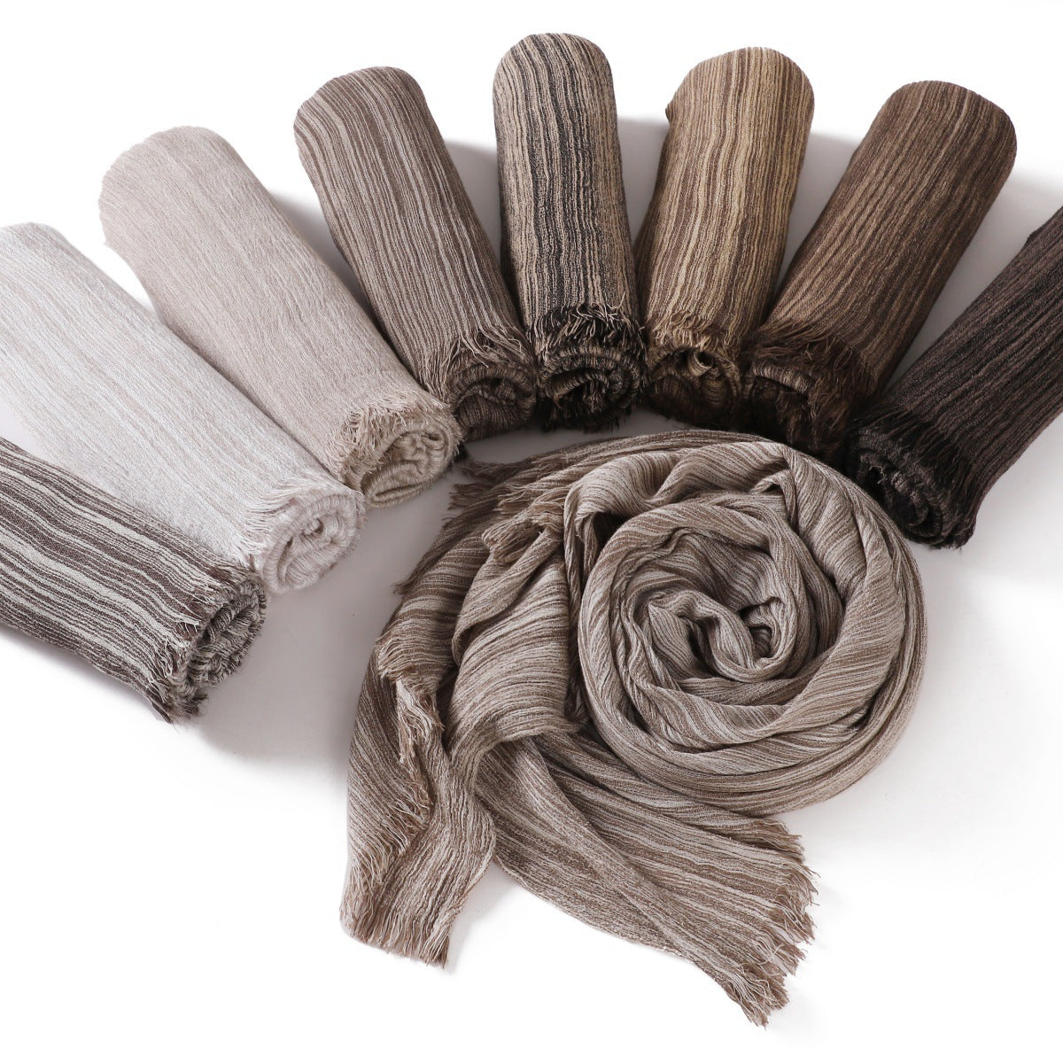YZ319  Plain Vertical Stripe Modal Crinkle Fringe Hijab