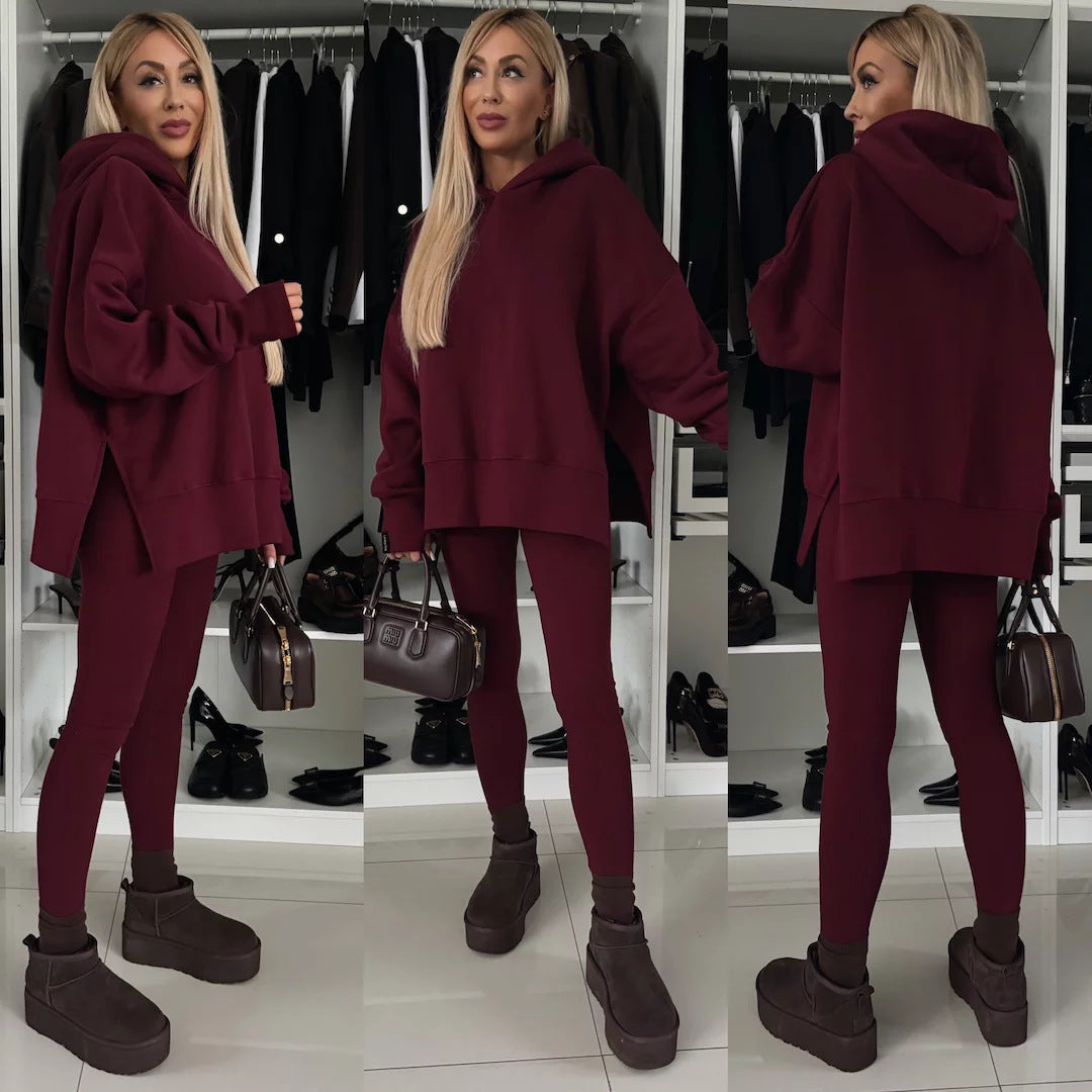 M80070  Women's Plain Printed Hooded Sweatsuit Autumn Winter Set